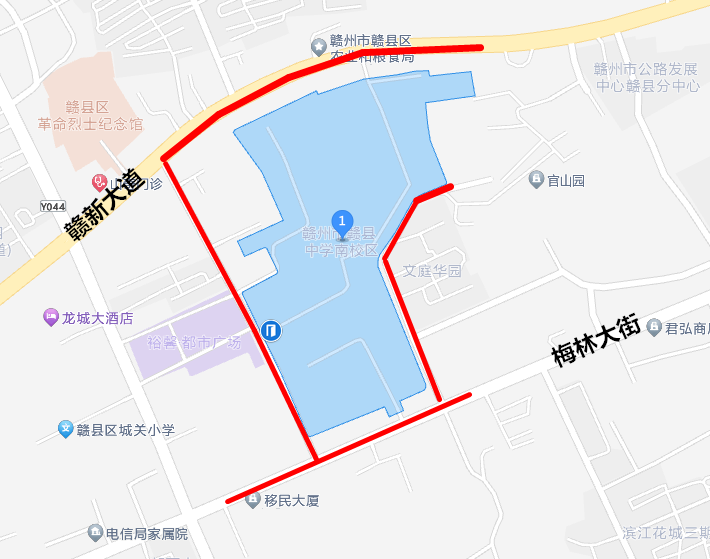 赣县中学南校区:教育路,梅林大街东侧至原区人社局,原区财政局路段