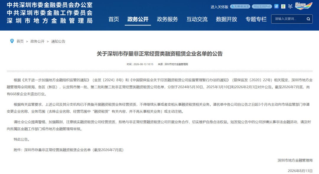 【监管动态】关于深圳市存量非正常经营类融资租赁企业名单的公告