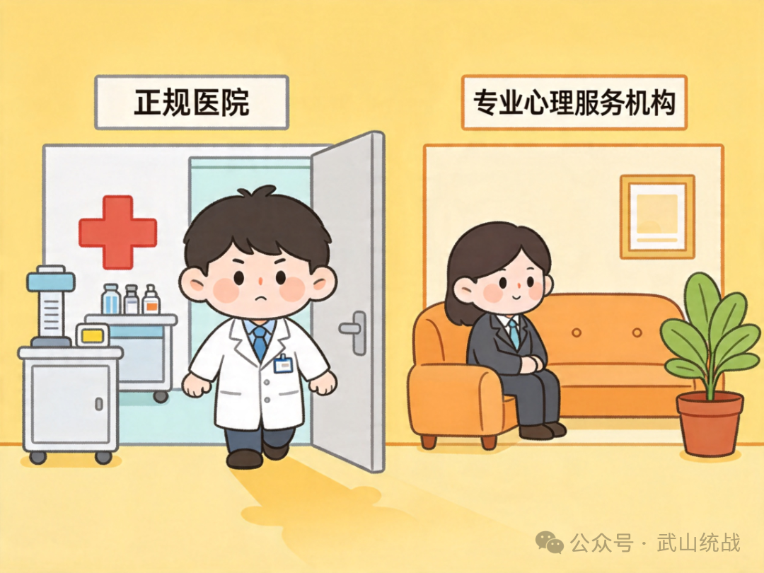 jimeng-2026-04-15-3665-Q版漫画风格,反邪教公益插画,一个人身体不适去正规医院,心理困扰去专业心理服务机....png