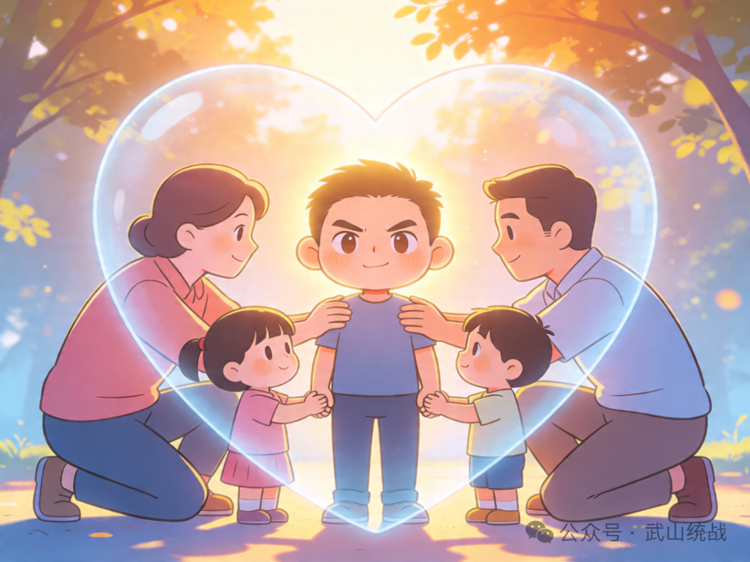 jimeng-2026-04-15-5919-Q版漫画风格，一个普通人被温暖坚定的保护感包围，家人支持陪伴，人物保持清醒判断，....png