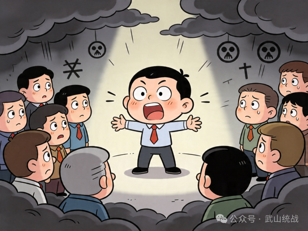 jimeng-2026-04-15-2769-Q版漫画风格，反邪教公益宣传插画，主题为制造恐惧，画面中有人不断宣扬世界要毁灭了....png