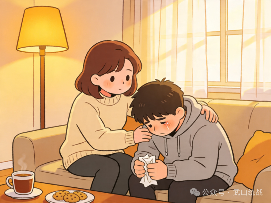 jimeng-2026-04-15-5009-Q版漫画风格,反邪教公益插画,家人耐心倾听脆弱中的亲人,少指责,多陪伴,慢慢建立....png