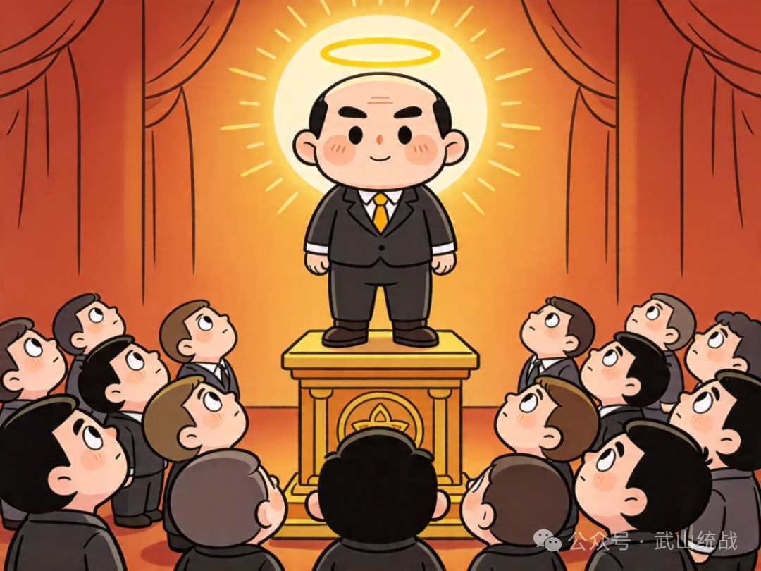 jimeng-2026-04-15-9871-Q版漫画风格，反邪教公益宣传插画，主题为神化头目，一个头目人物被夸张塑造成唯一真....png