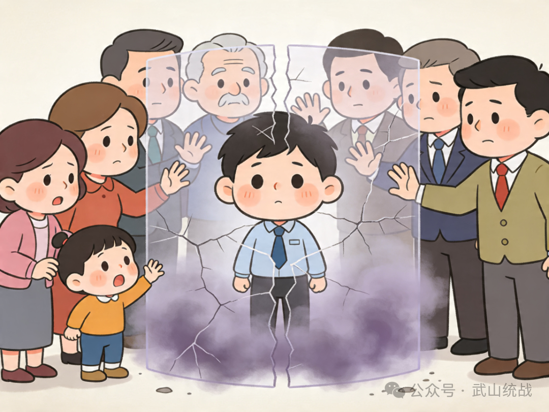 jimeng-2026-04-15-3870-Q版漫画风格，反邪教公益宣传插画，主题为切断正常关系，一个成员被鼓动远离家人、朋....png