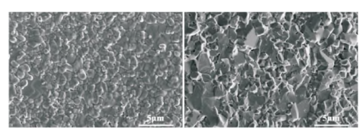 烧结基板的表面（左）和断面（右）显微结构