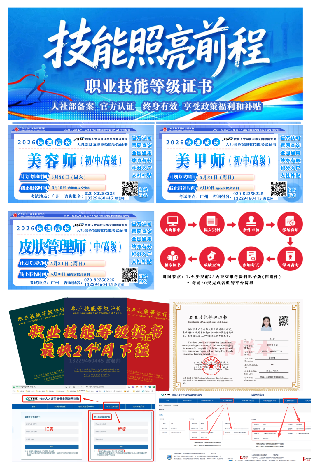 广东省华大职业培训学校美容师皮肤管理师5月份考期