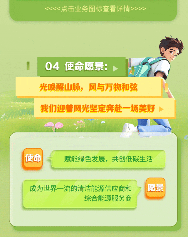 <p><<<<.点击业务图标查看详情>>>></p> <p>I04使命愿景: </p> <p>光唤醒山脉,风与万物和弦</p> <p>湖我们迎着风光坚定奔赴一场美好></p> <p>使命赋能绿色发展,共创低碳生活</p> <p>成为世界一流的清洁能源供应商和愿景</p> <p>综合能源服务商</p>