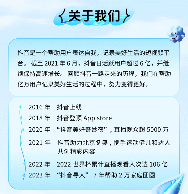 <p>人关于我们〉</p> <p>抖音是一个帮助用户表达自我，记录美好生活的短视频平<br/>台。截至2021年6月，抖音日活跃用户超过6亿，并继<br/>续保持高速增长。回顾抖音一路走来的历程，我们在帮助<br/>亿万用户记录美好生活的过程中，努力变得更好。</p> <p>2016年<br/>抖音上线</p> <p>2018年<br/>抖音登顶App store</p> <p>2020 年“抖音美好奇妙夜”，直播观众超5000万<br/>2021 年 抖音助力北京冬奥，携手运动健儿和达人</p> <p>共创精彩内容</p> <p>2022年2022世界杯累计直播观看人次达106亿<br/>2023年“抖音寻人”7年帮助2万家庭团圆</p>