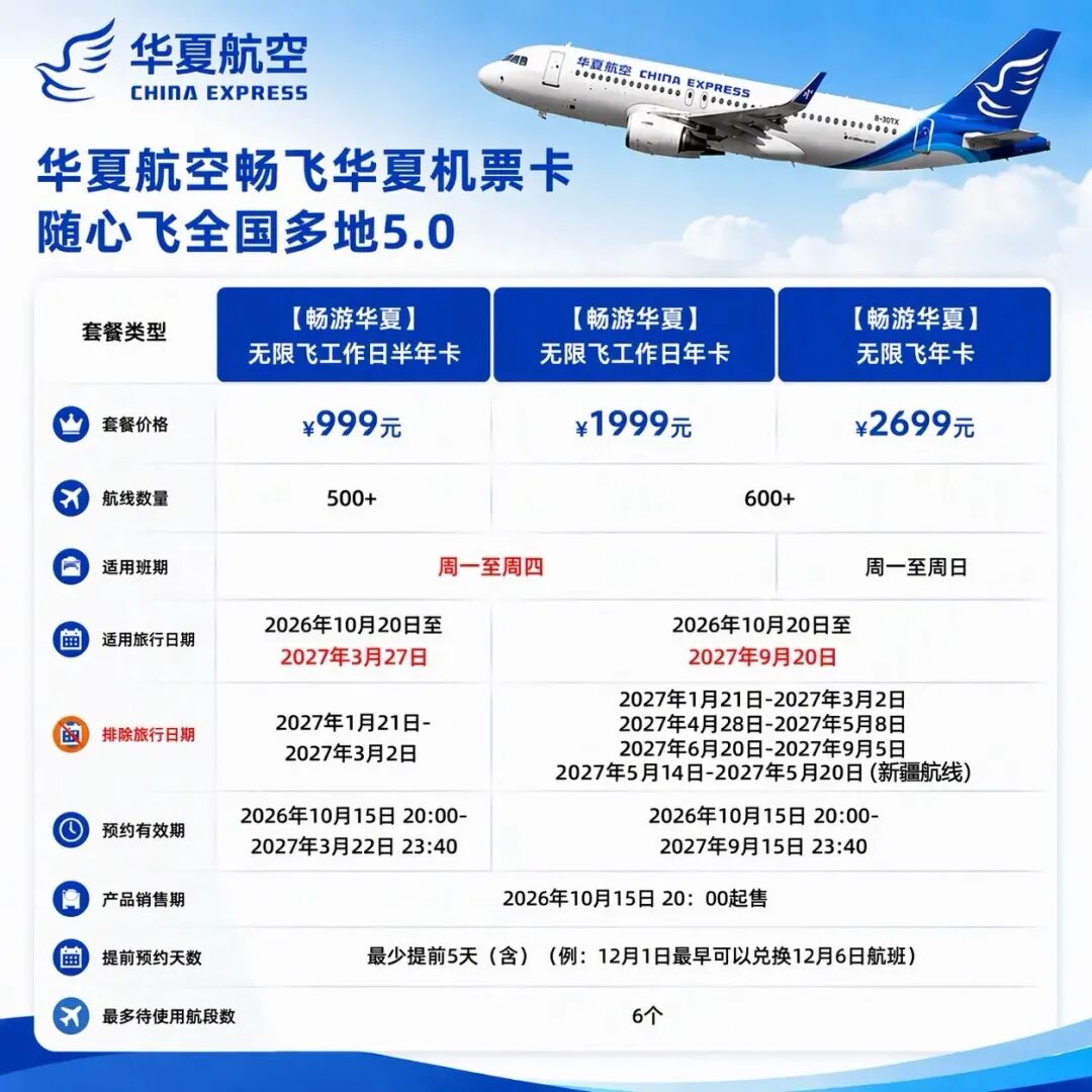 华夏航空随心飞999元起 0元兑机票畅游新疆西部 含20kg行李