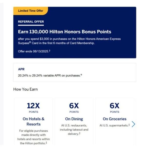 AMEX Hilton Surpass  ： 开户送 130k+免 $150 首年年费；每年送 $200 酒店报销