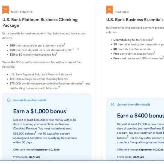US Bank Business Checking 商业支票账户：$1000/$400 开户奖励