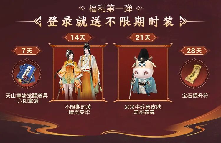 接住！福利六重奏，颜值时装登录即送！来拿天龙江湖为大家准备的生日礼物吧？