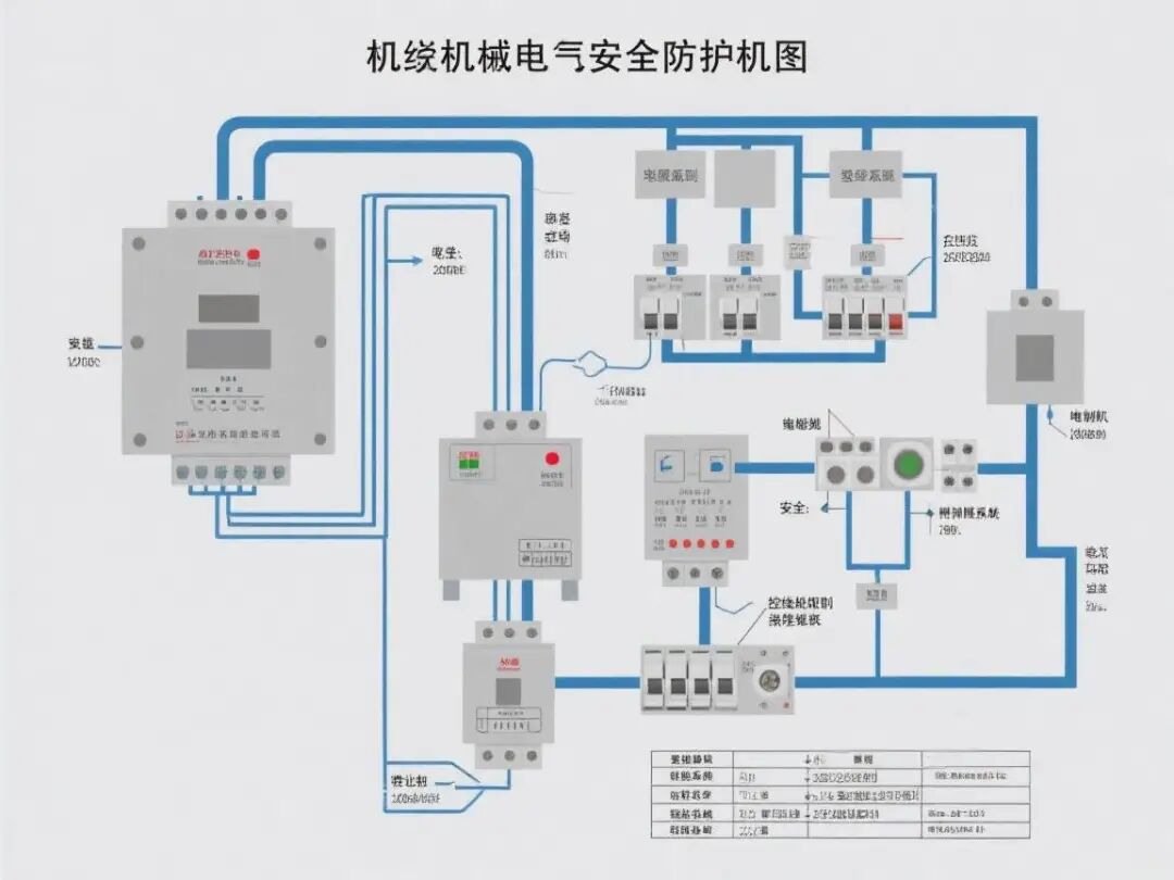 机床电气安全防护示意图，显示电源系统、控制系统、布线要求和接地系统的安全配置