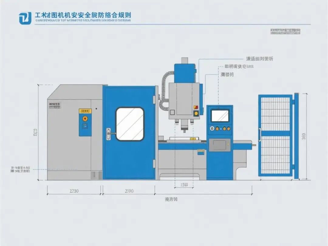 机床安全防护基本要求示意图，显示防护门、联锁装置、观察窗等关键安全防护元素