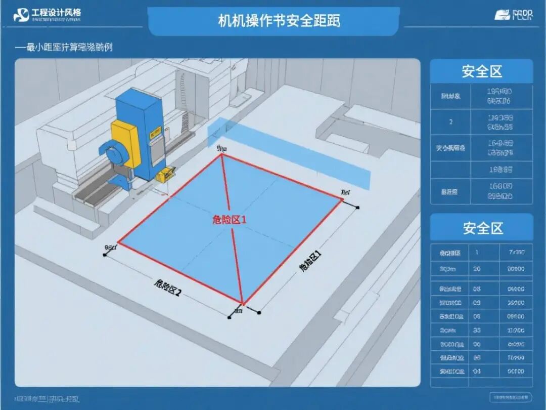 机床操作安全距离示意图，展示了危险区域划分和最小安全距离计算示例
