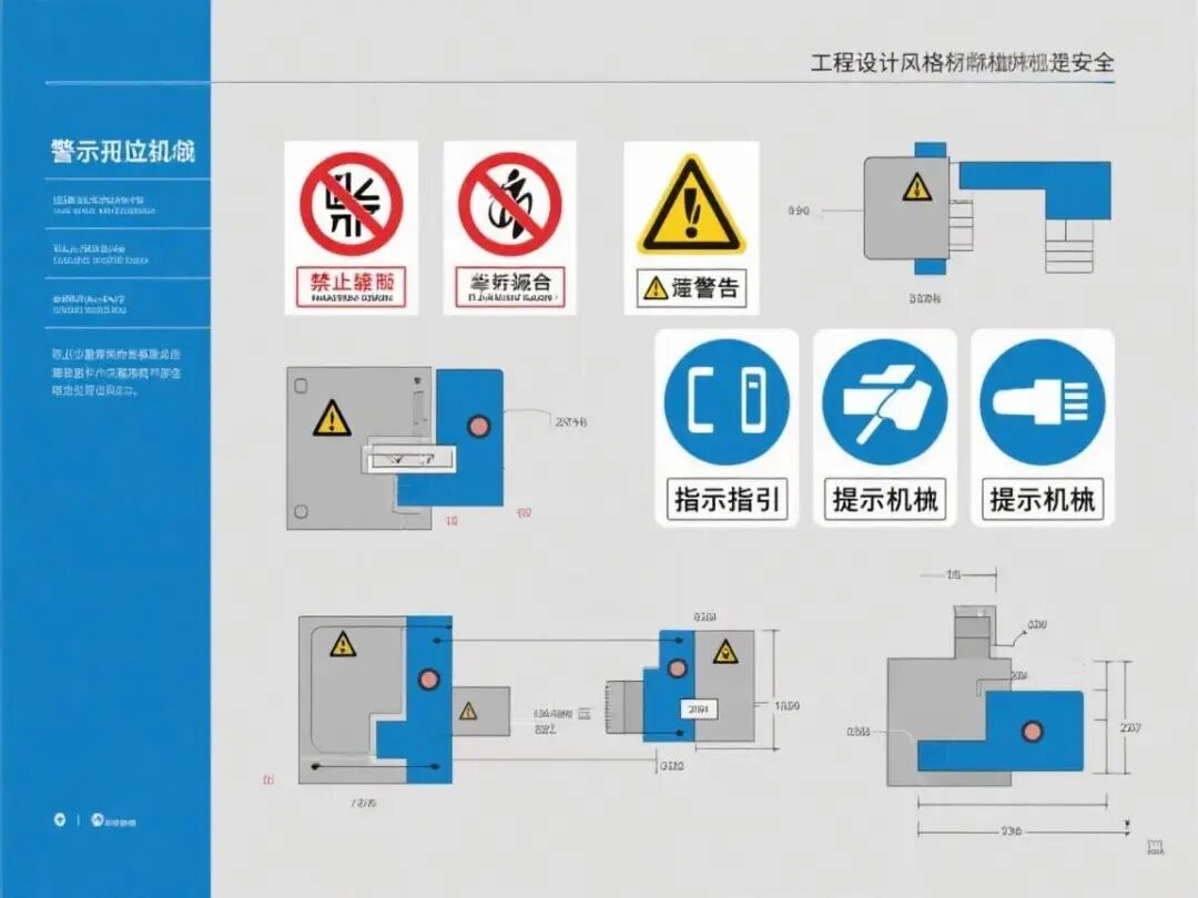 机床安全警示标识示意图，显示各类安全标识的样式、颜色和设置位置