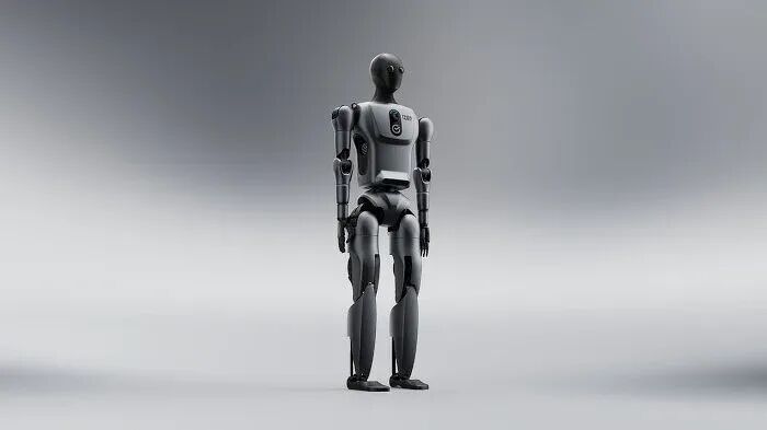 Sber的绿色人形机器人站在中性灰色背景上的全身工作室拍摄