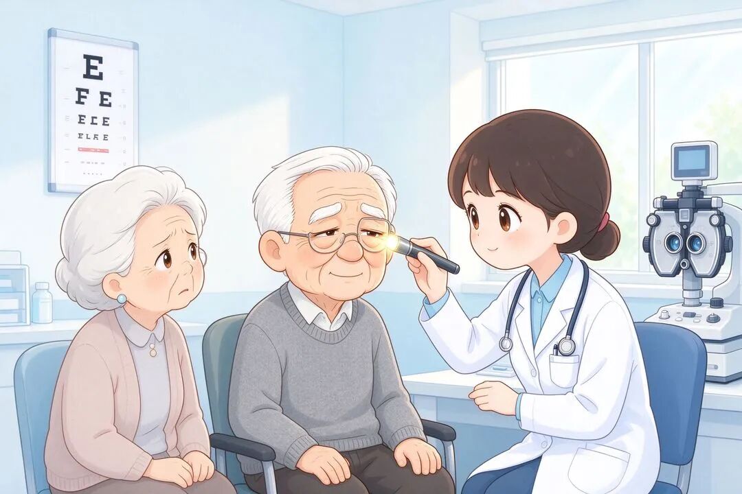 医生为老人检查上睑下垂