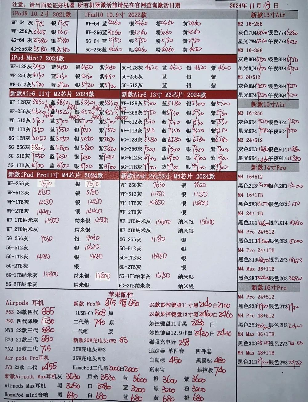 2024年11月18日华强北全新苹果手机批发报价单