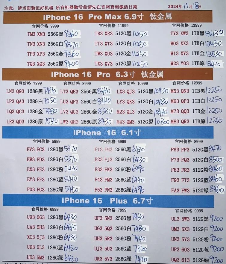 2024年11月18日华强北全新苹果手机批发报价单