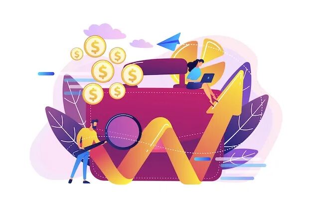 Businessman with magnifier looks at growing chart and briefcase illustration