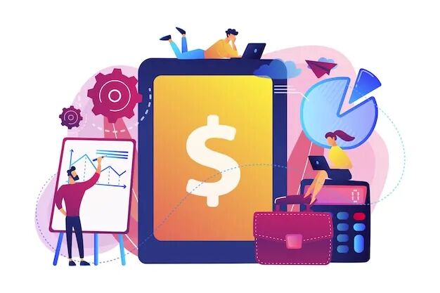 Accountants work with financial transactions software and tablet. Enterprise accounting, IT accounting system, smart enterprise tools concept.