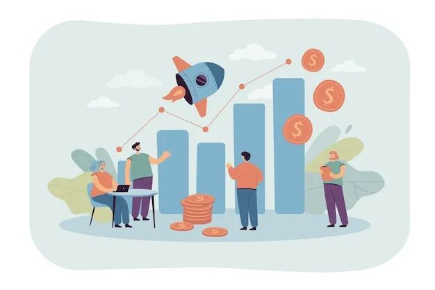 Tiny sales managers looking at growth chart flat illustration