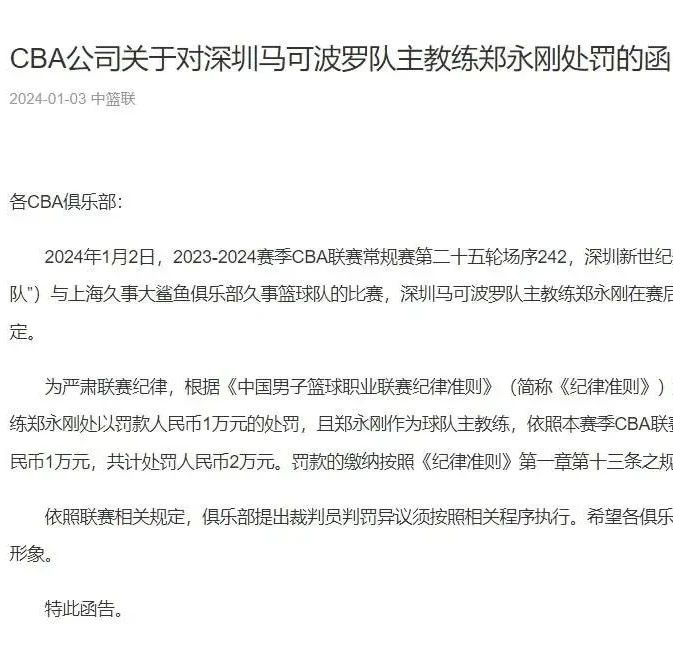 CBA官方：深圳主帅赛后评论裁判判罚 罚款2万