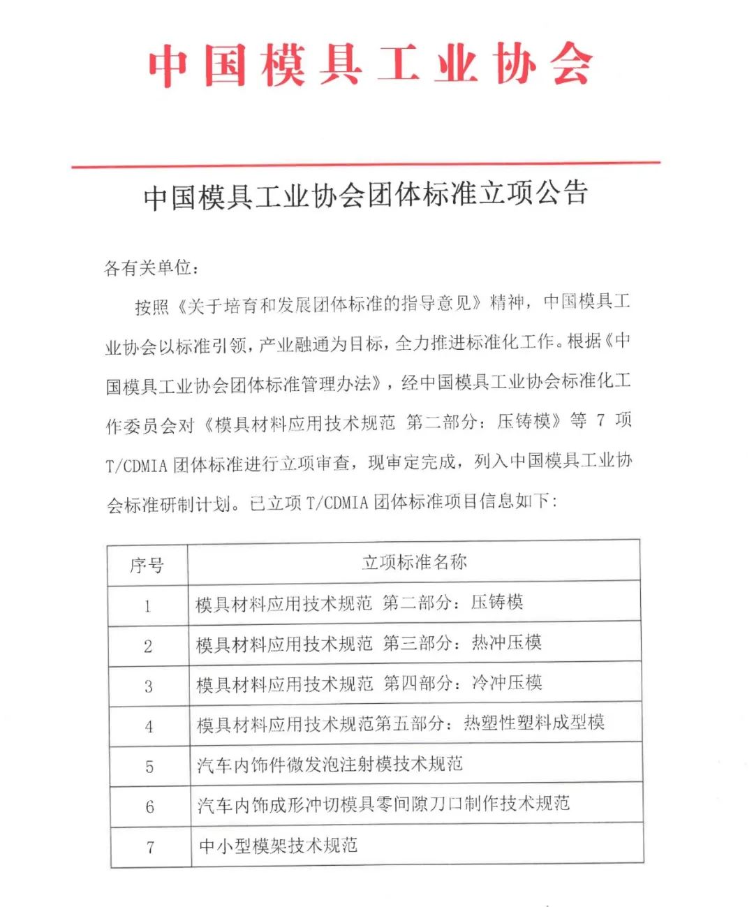 中国模具工业协会团体标准立项公告