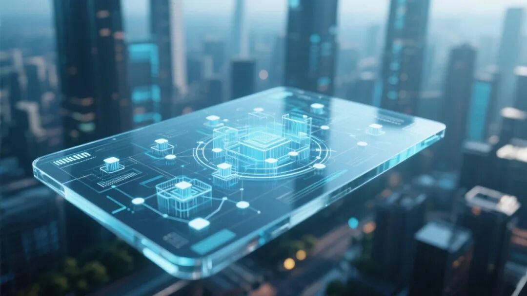 jimeng-2025-07-31-9897-特写镜头聚焦透明触摸屏，背景虚化城市三维数据流和物联网节点，玻璃质感界面，冷调科....jpeg