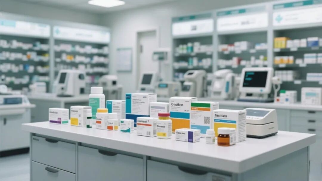 jimeng-2025-05-27-787-各种药品、医药设备，医院药房场景，药品行业宣传图设计，中景，专业严谨氛围，摄影写实风格.jpeg