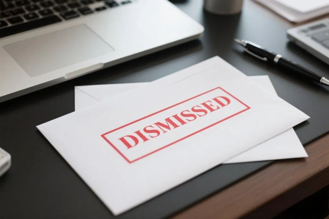 jimeng-2025-05-21-176-印有' DISMISSED'红框字样的白色信件铺在露出笔记本电脑、笔等物件的办公桌上，实景摄影，特写，正式严肃氛围，高清画质.jpeg