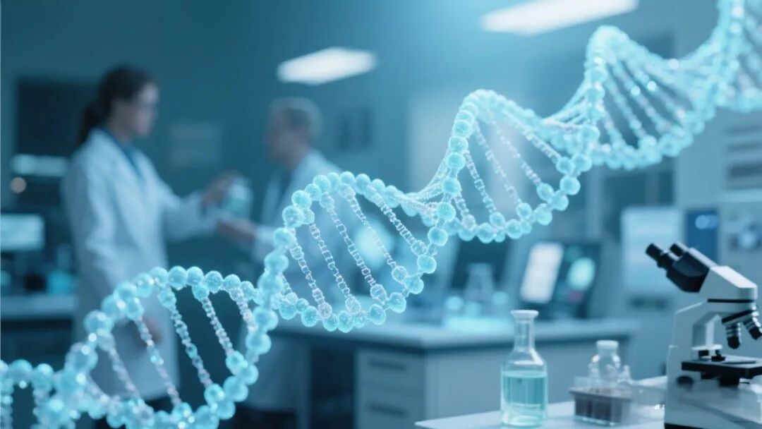 jimeng-2025-05-21-178-生物制药行业的基因序列元素交织，背景是虚化的实验室工作场景，科技风格，中景，专业严谨氛围，高清.jpeg