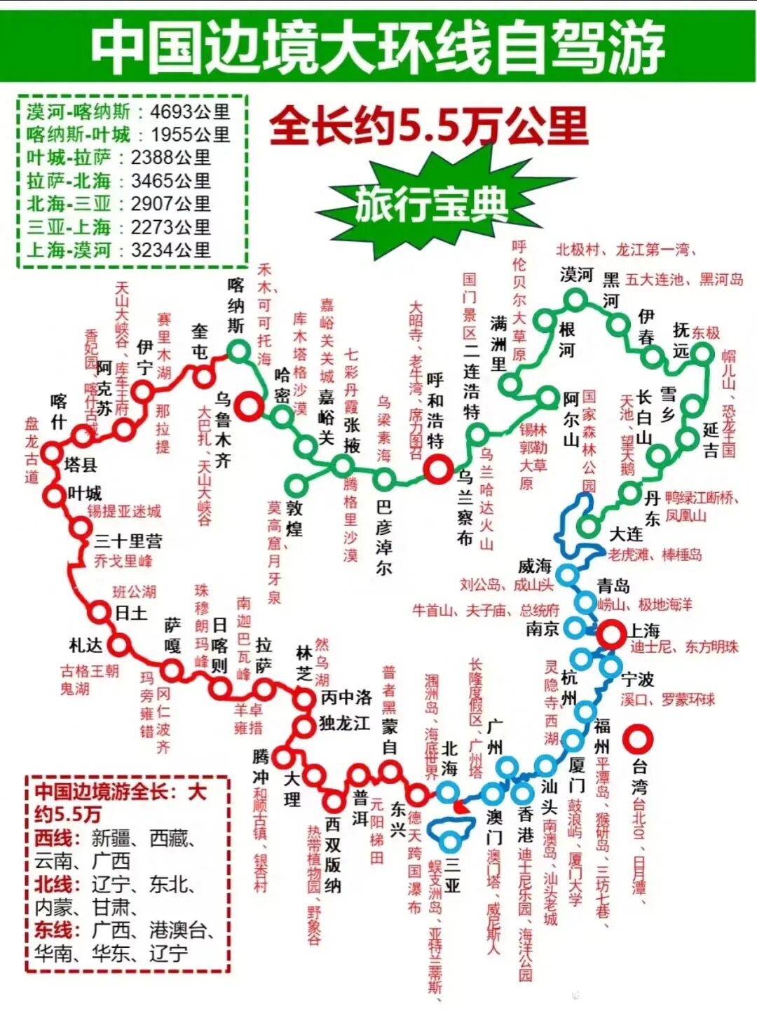 中国边境大环线自驾游攻略地图，完美的分成7段，收藏