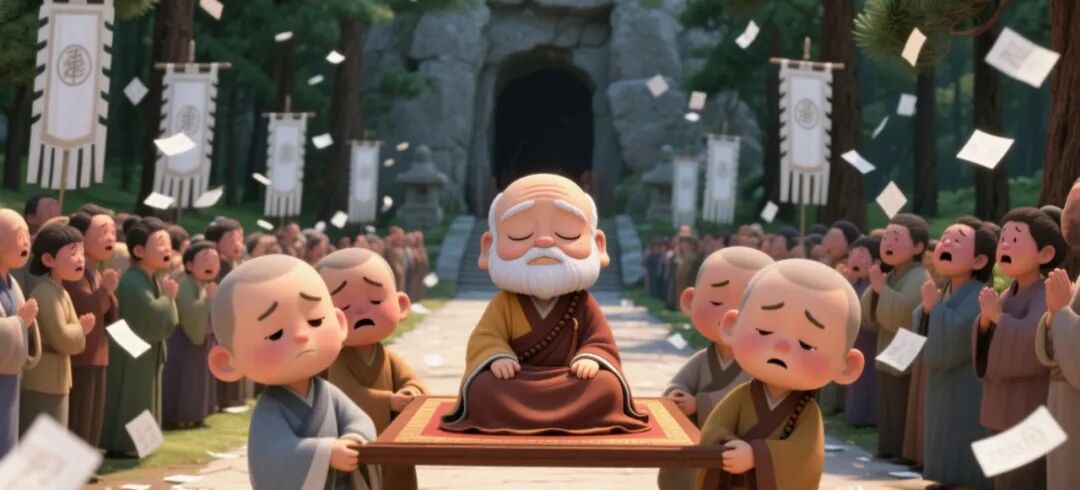 jimeng-2025-08-09-6647-画面提示词：__ Q版3D动漫玄奘，头身比2_1，年迈玄奘大师圆寂，闭着眼安详的....jpg