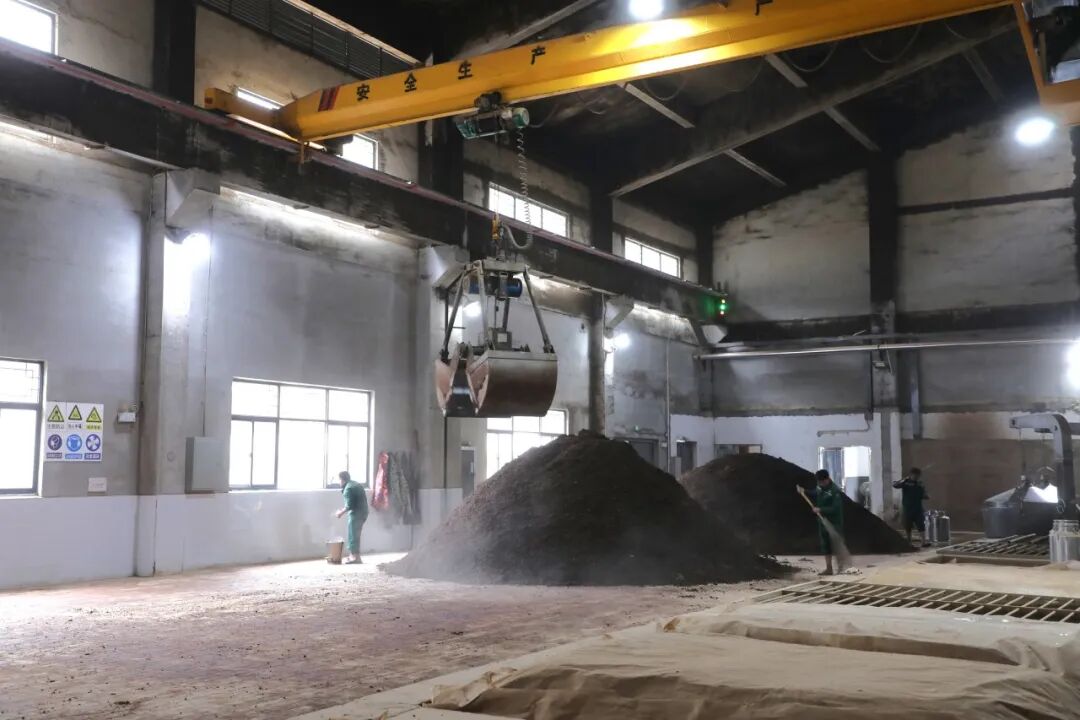 在匀酒厂酿造车间里,工人们正忙着上甑,下曲,拌