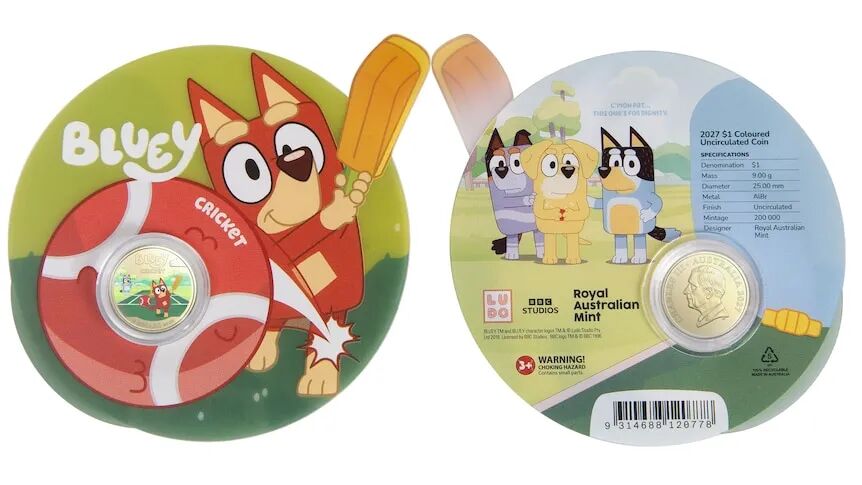 The front and back of packaging for the new Bluey collectable coin.