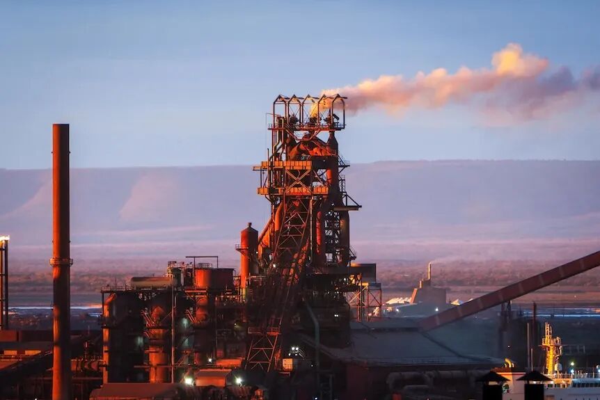 The blast furnace at the Whyalla steelworks emitting smoke during a shutdown.