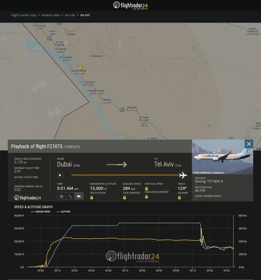 迪拜航空FZ1073飞特拉维夫 俄乌飞行员冲突疑似劫机 安全降落沙特