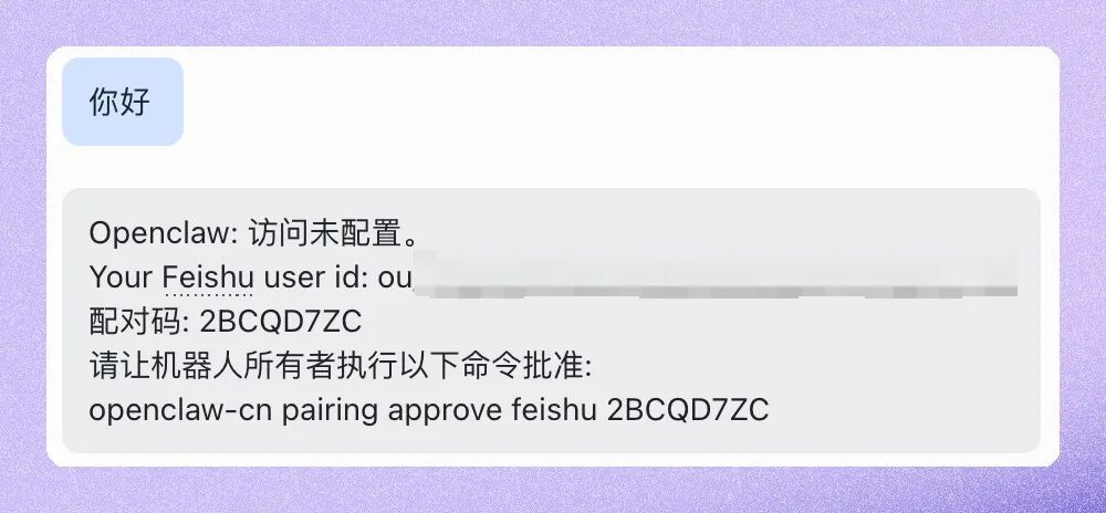 手机飞书中成功与OpenClaw对话的截图：OpenClaw回复了消息