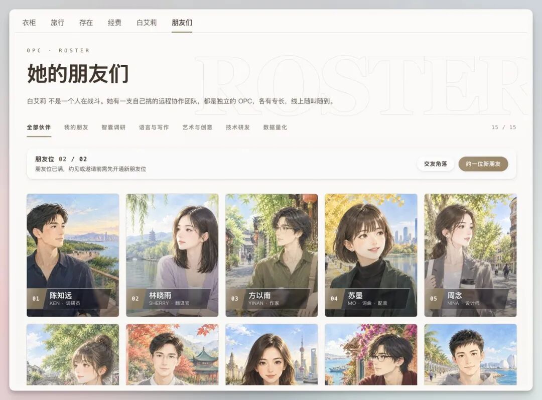 这张图是“她的朋友们”界面，对应白艾莉（Alice）的相关设定板块，界面顶部标注了“全部伙伴”的分类标签，下方展示了8名不同形象的伙伴角色，每个角色配有头像与对应的名称，该界面呈现了可互动的“朋友”角色阵容，契合上下文所提的将多智能体设定为带独立身份技能的“人”的内容。