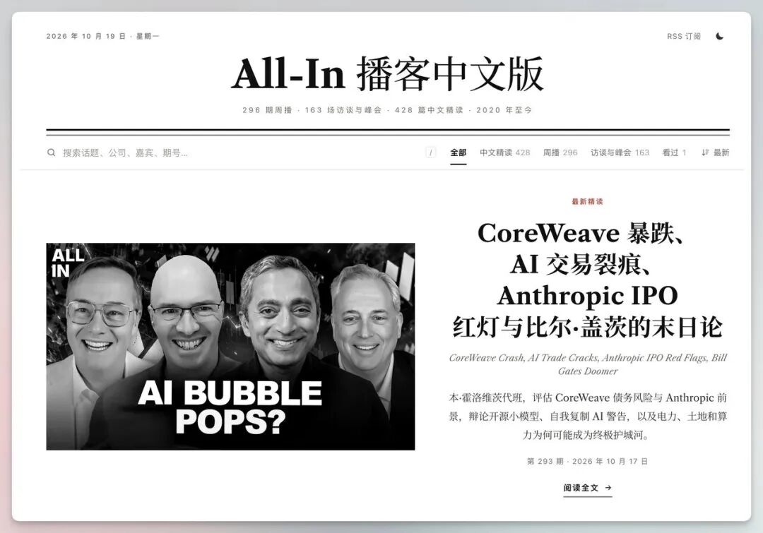 图片展示的是All-In播客中文版网站界面。页面顶部显示日期为2026年10月18日，有RSS订阅图标。中间大标题为“All-In播客中文版”，下方有“296 期周播”“163 场访谈与峰会”“428 场中文转译”“2020 年至今”等信息。右侧有“全部”“中文转译”“周播”“访谈与峰会”“看过”“新”选项。下方有“AI BUBBLE POPS?”的图片及文字，右侧是“CoreWeave暴跌、AI交易裂痕、AnthropicIPO红灯与比尔·盖茨的末日论”等内容。该图与文档中介绍All-In播客中文版网站的内容相关。