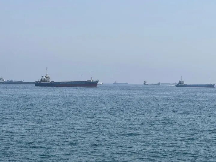 这是5月29日在阿曼北部小镇海塞卜拍摄的滞留在霍尔木兹海峡水域的商船（手机照片）。新华社记者温新年摄