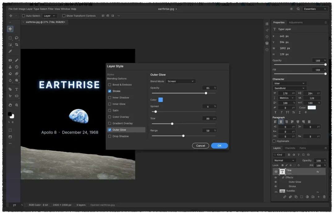对 EARTHRISE 文字层添加 Outer Glow 和 Stroke，背景是 NASA 的《地出》