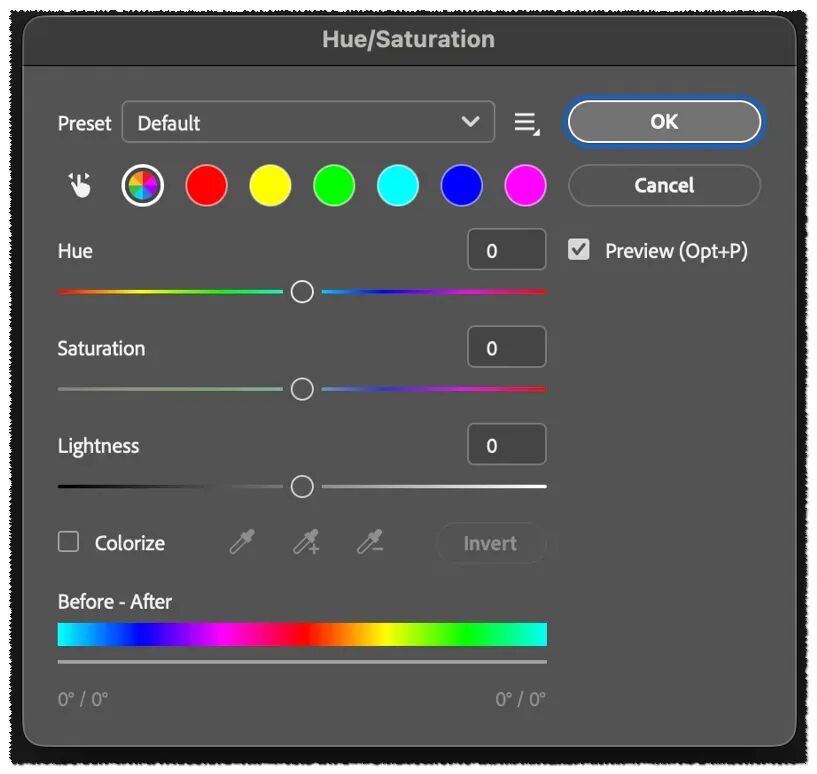Hue/Saturation 色相饱和度对话框