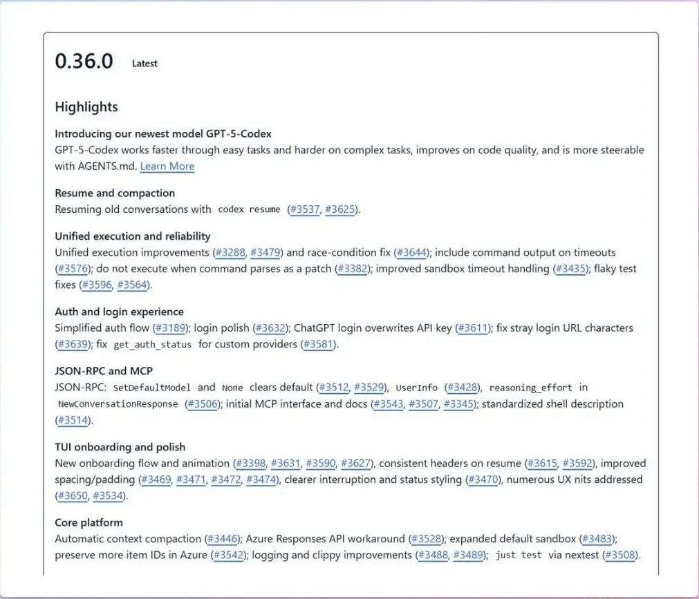 A screenshot of a social media post about Codex-CLI 0.36 release by OpenAI. Text includes highlights like GPT-5-Codex model, resume and compaction features, auth and login improvements, TUI onboarding, and core platform updates. A watermark from X is visible.