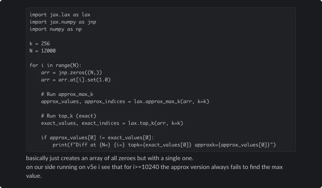 Slack message showing reproducer of the underlying approximate top-k bug shared with the XLA:TPU engineers who developed the algorithm. The code returns correct results when run on CPUs.