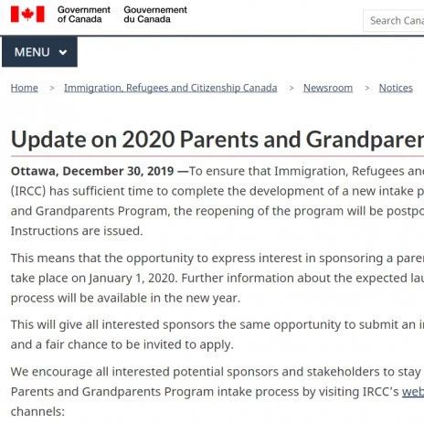 加拿大2020年父母和祖父母移民申请已推迟