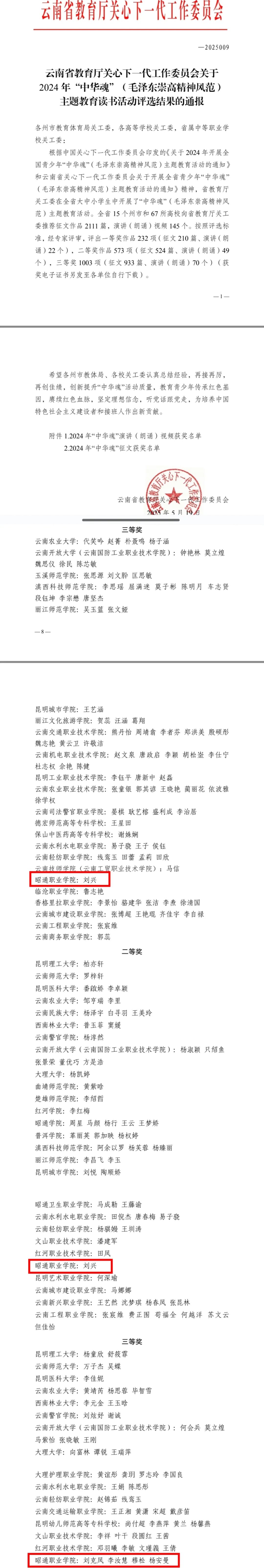 学院师生荣获省教厅关工委2024年“中华魂”主题教育读书活动多项表彰！