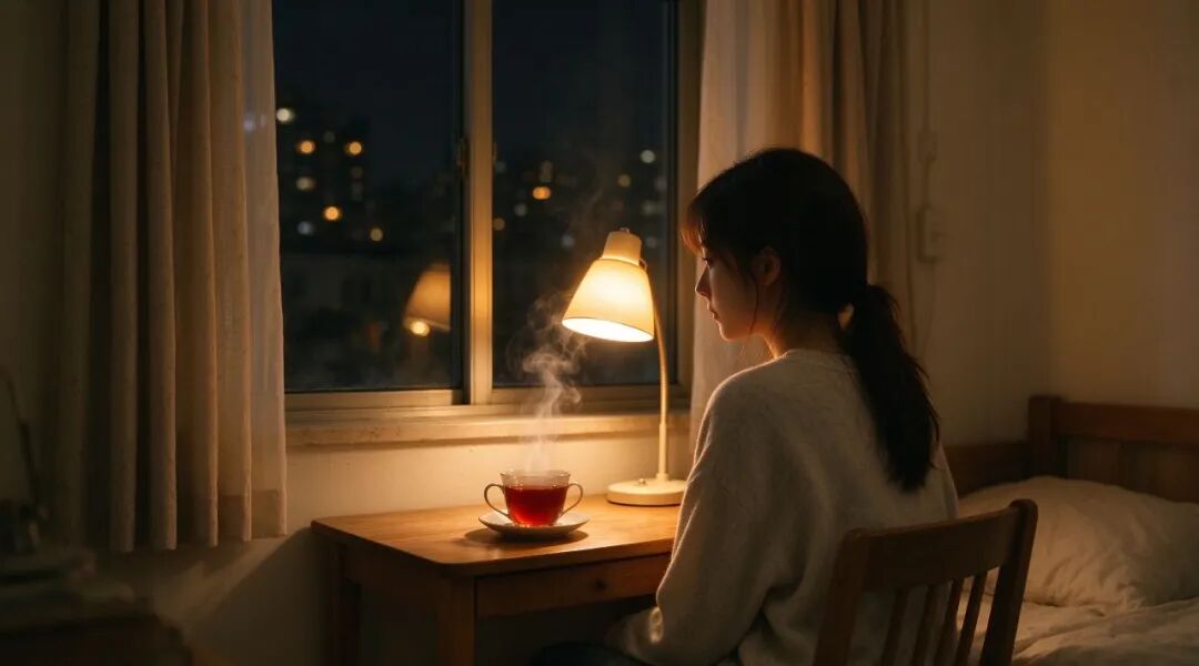 深夜台灯下的一杯热茶